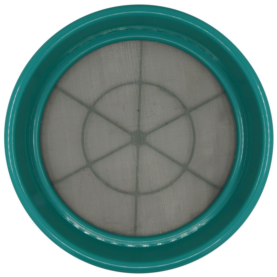 Close-up view of stainless steel mesh and plastic rim construction on gold classifier