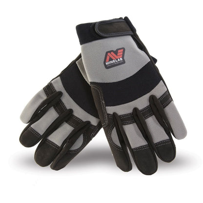 Pair of grey and black Minelab digging gloves with hook-and-loop wrist straps