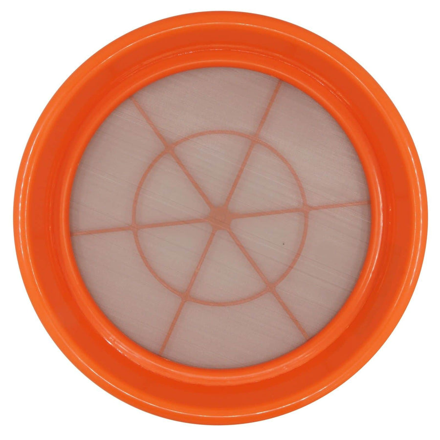 Gold classifier screen sitting on 5-gallon bucket demonstrating proper fit