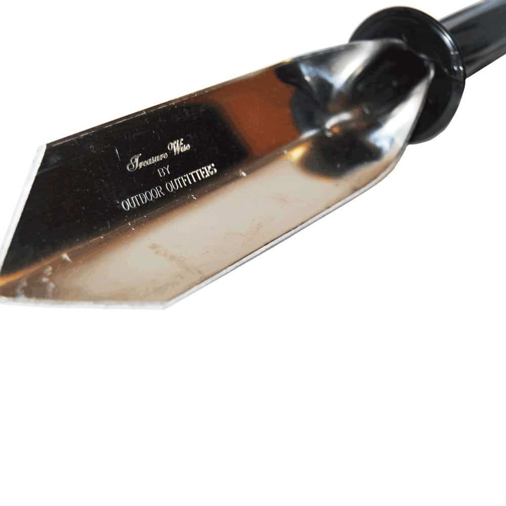 Close-up view of T-12 trowel non-slip plastic handle grip and blade dimensions