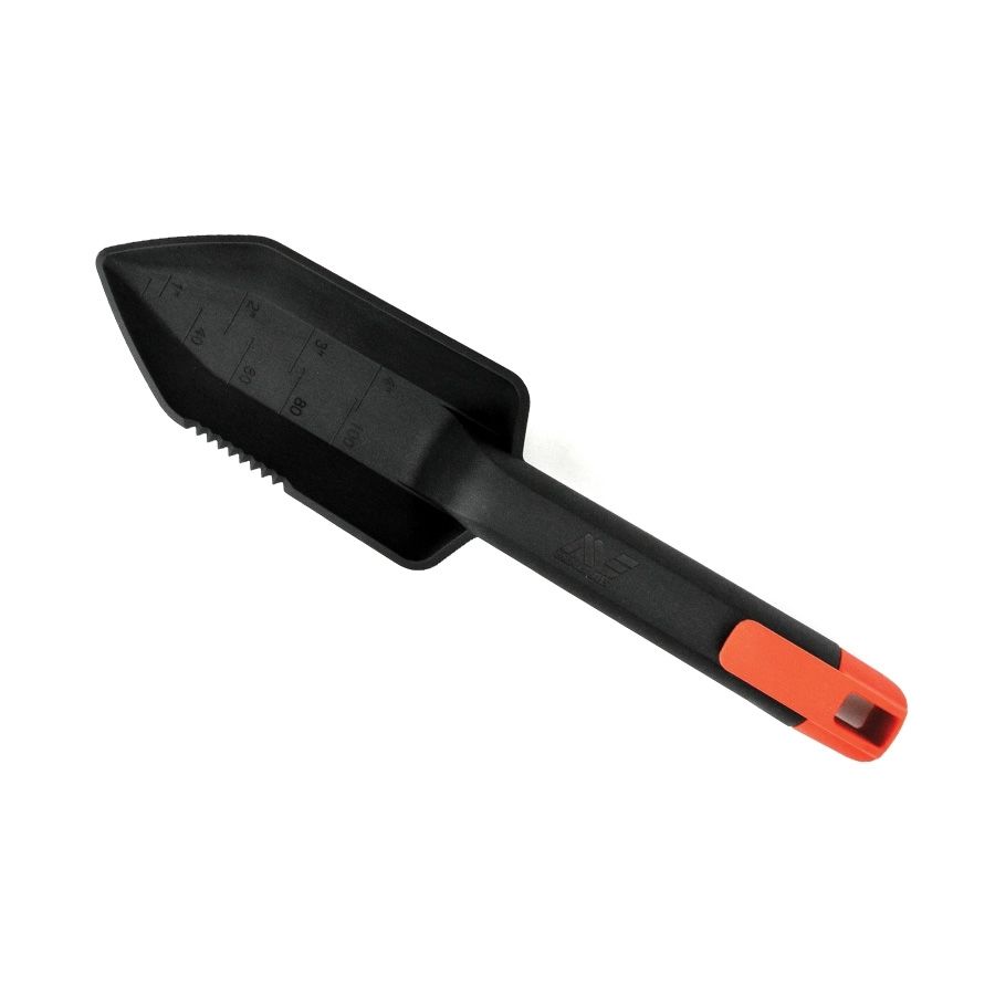 Minelab hard plastic digging tool with red handle and integrated ruler for metal detecting recovery