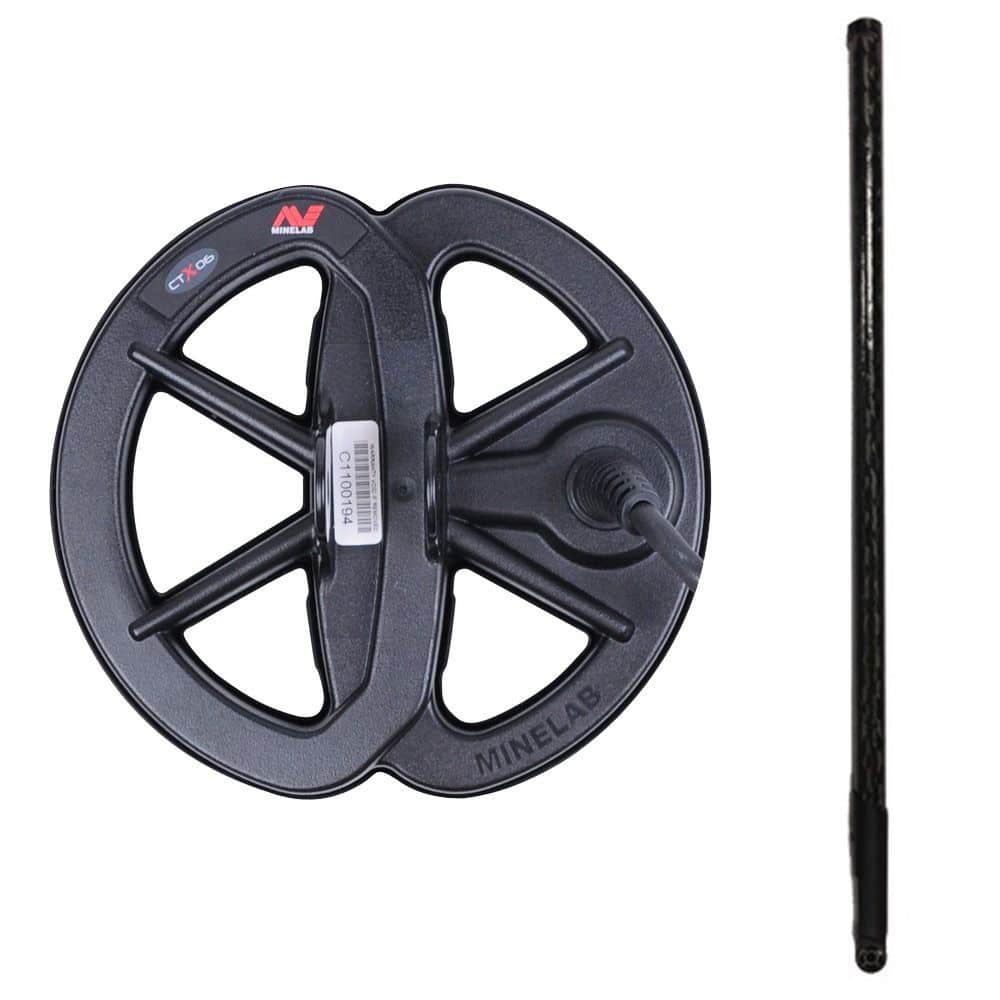 Minelab 6-inch Smart Coil with carbon fiber shaft, coil cover, and mounting hardware for CTX 3030