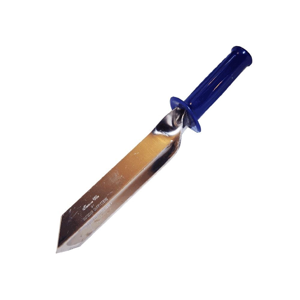 The Treasure Wise T-14 metal detecting trowel showing etched depth gauge markings and non-slip handle grip.