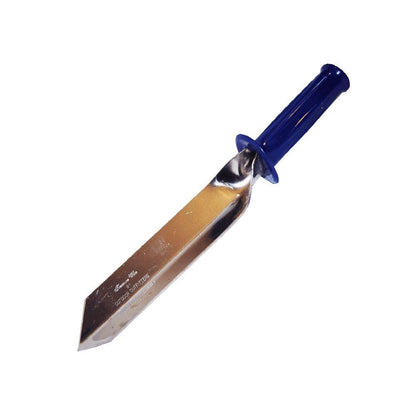 The Treasure Wise T-14 metal detecting trowel showing etched depth gauge markings and non-slip handle grip.