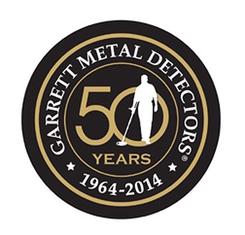 Garrett metal detecting 50th anniversary logo, featuring the words 50 years, 1964-2014, and a silhouette of a metal detectorist on a black background. 