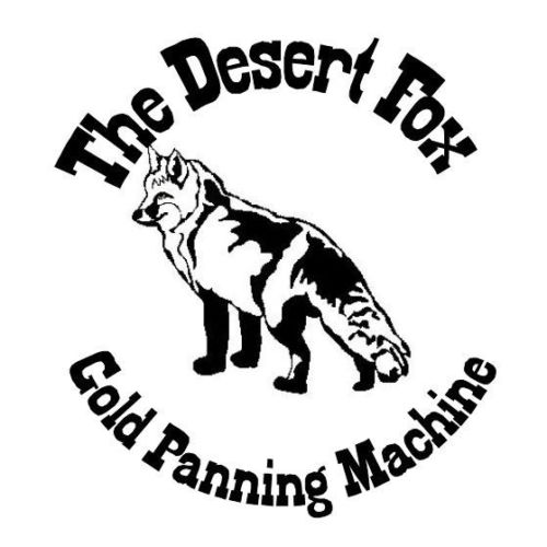 The Desert Fox Gold Panning Machine logo, featuring a black image of a fox and black type against a white background
