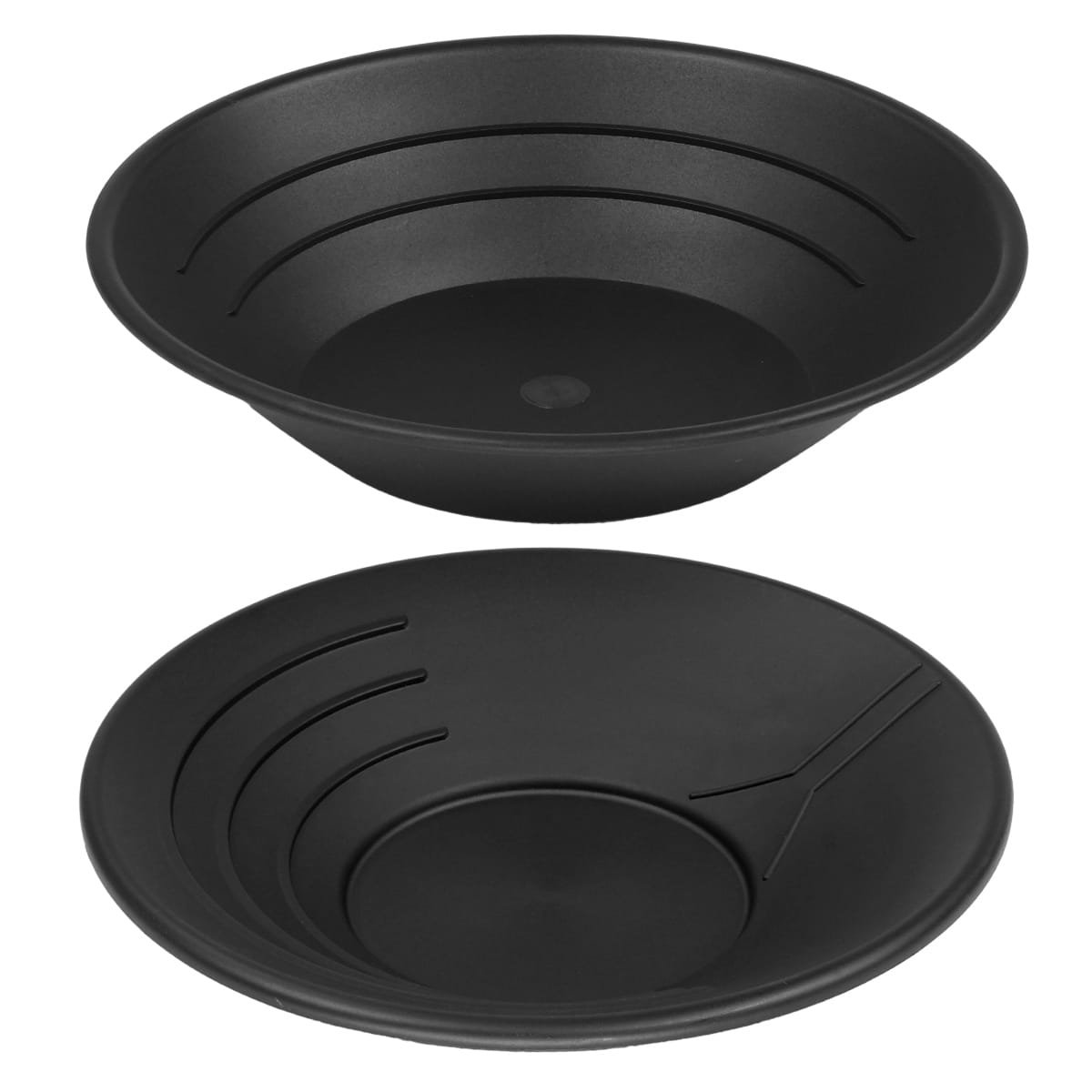 TerraX 10 inch and 14 inch black plastic gold pans side by side showing ridge design