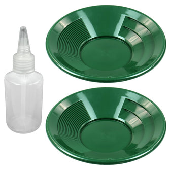 Lot of 2 - 10" Green Dual Riffle Plastic Gold Pan & 4 oz Sniffer Bottle
