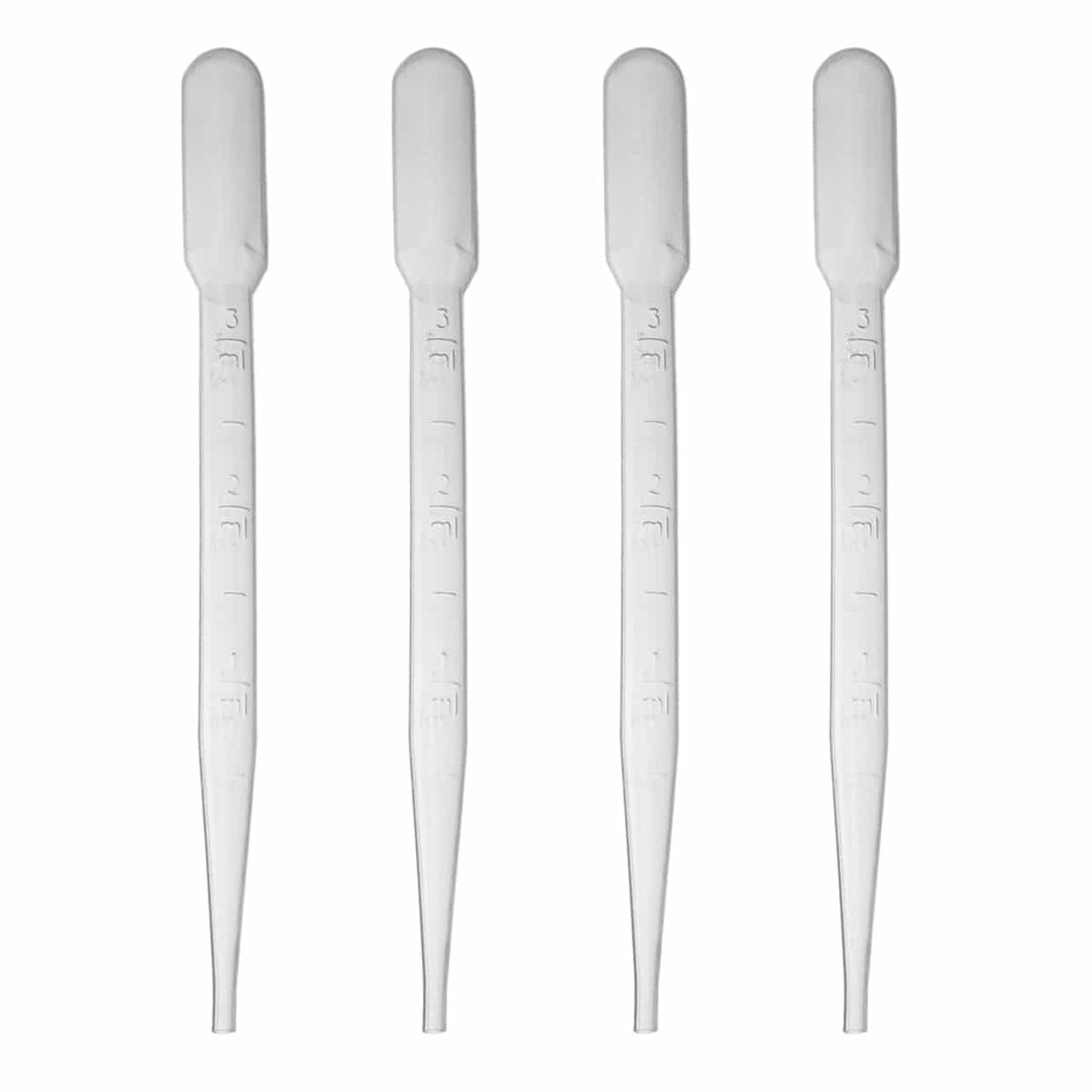 Four graduated plastic droppers with measurement markings for gold prospecting