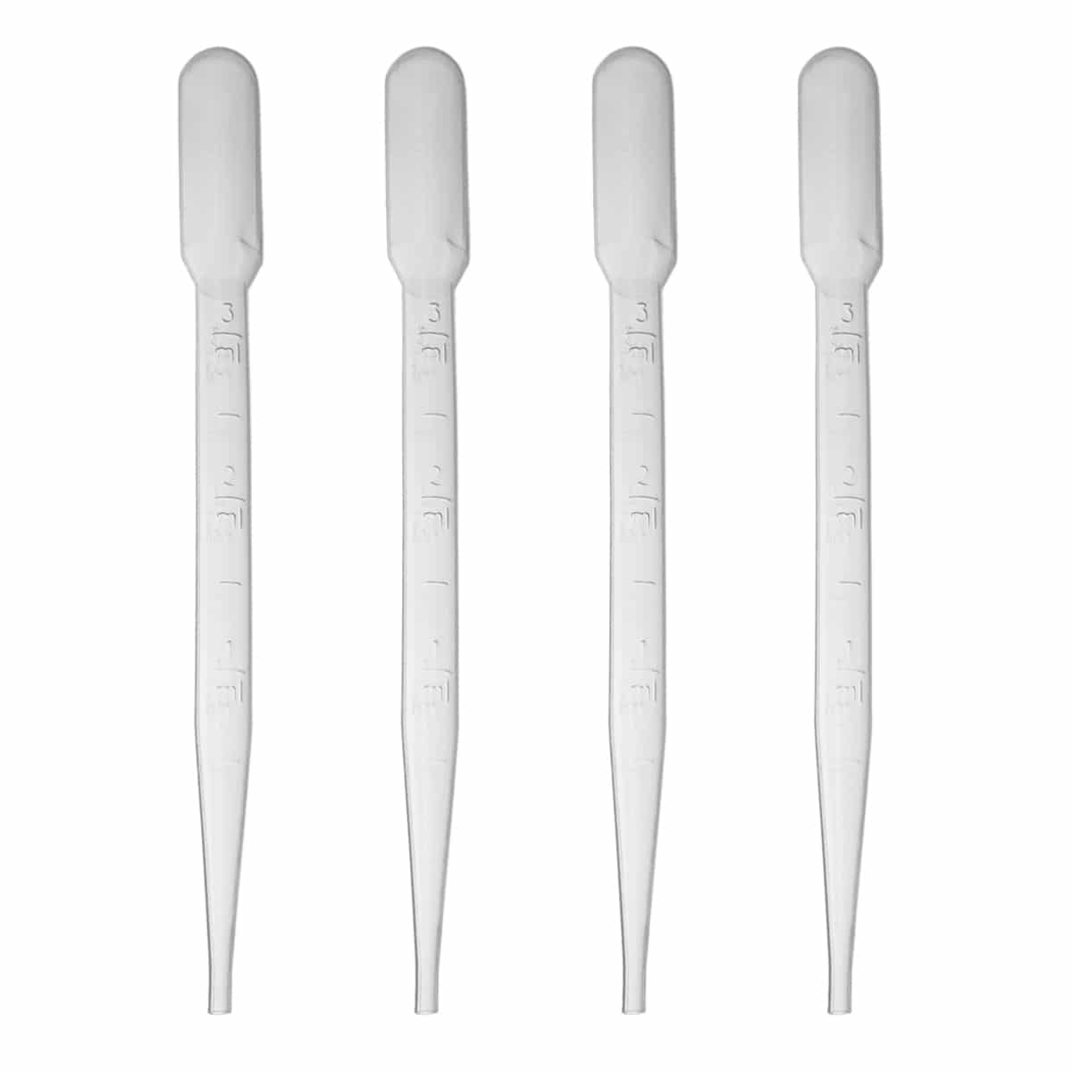 Four graduated plastic droppers with measurement markings for gold prospecting