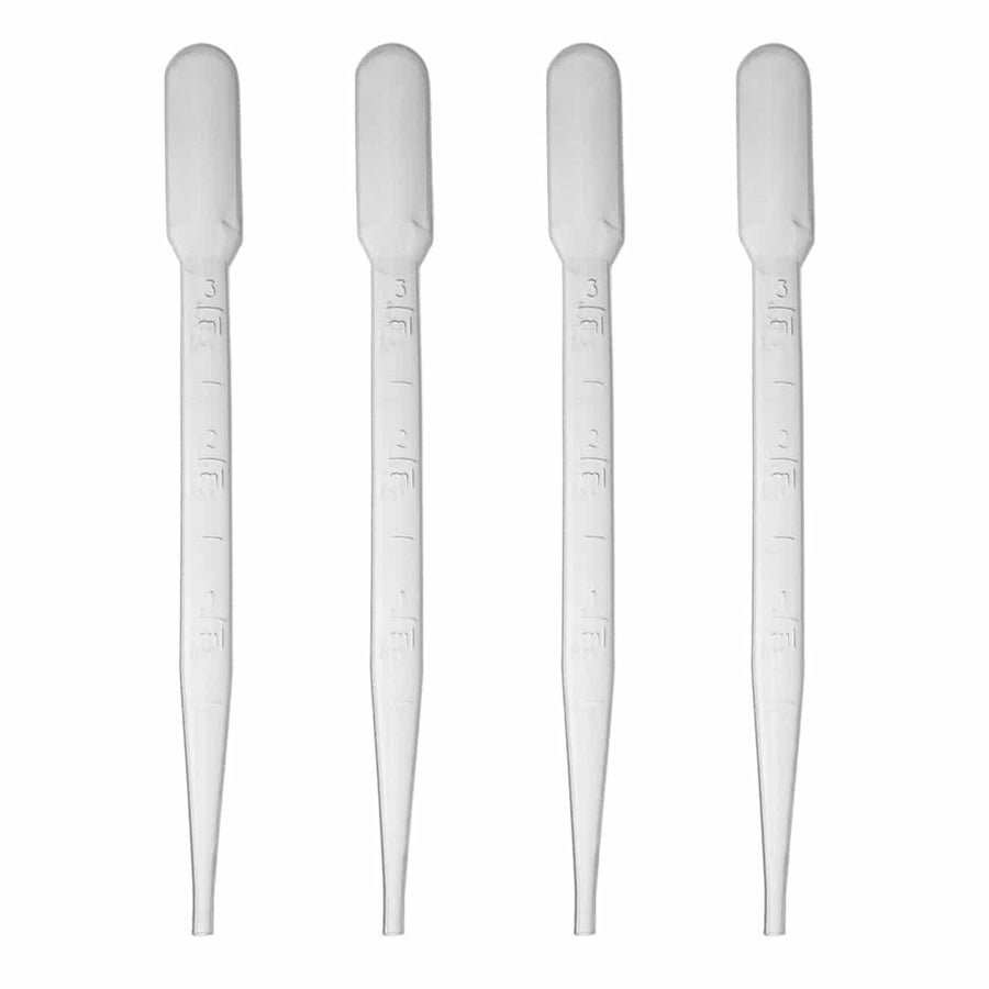 Four graduated plastic droppers with measurement markings for gold prospecting