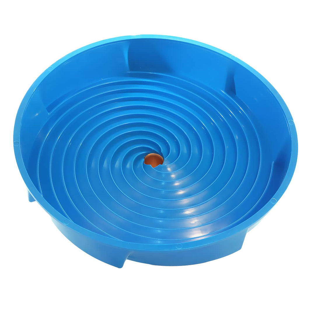Overhead view of the blue Gold Miner 13 inch spiral wheel showing the full spiral pattern and center outlet.