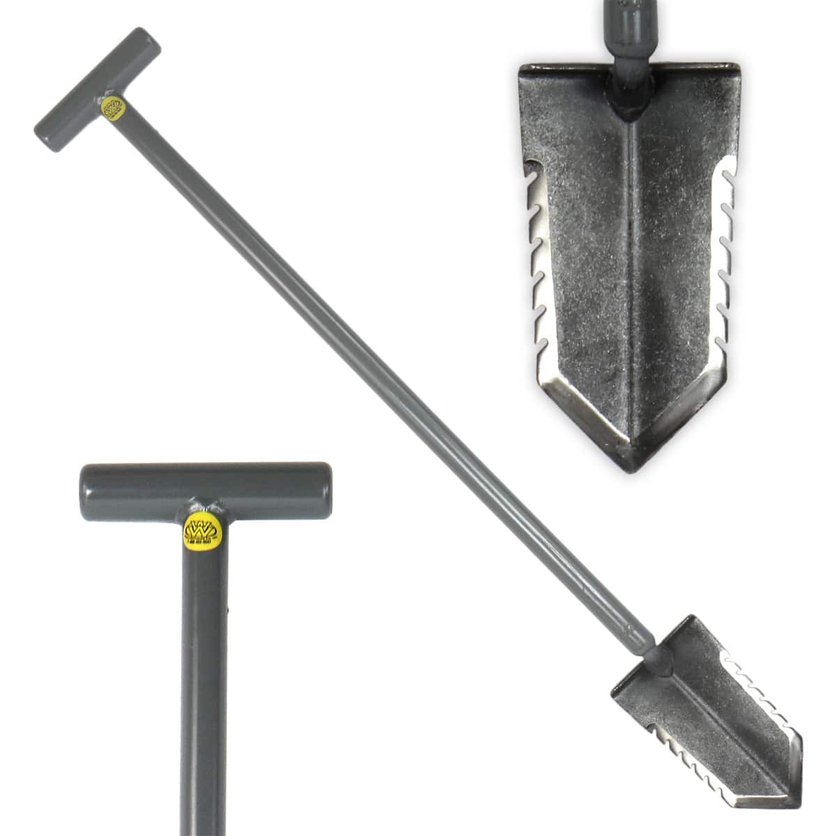 Lesche T-handle 36-inch metal detector shovel with double serrated blade with insets of the shovel head and handle in gray. 