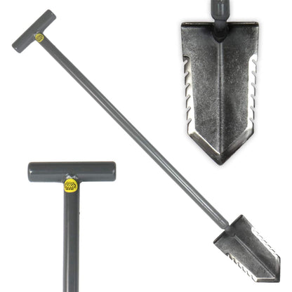Lesche T-handle 36-inch metal detector shovel with double serrated blade with insets of the shovel head and handle in gray. 