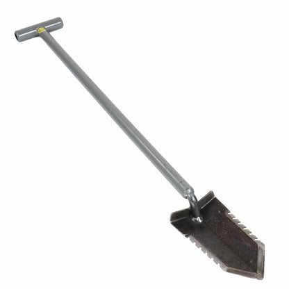 Side view of the Lesche T-handle 36-inch metal detector shovel with double serrated blade.