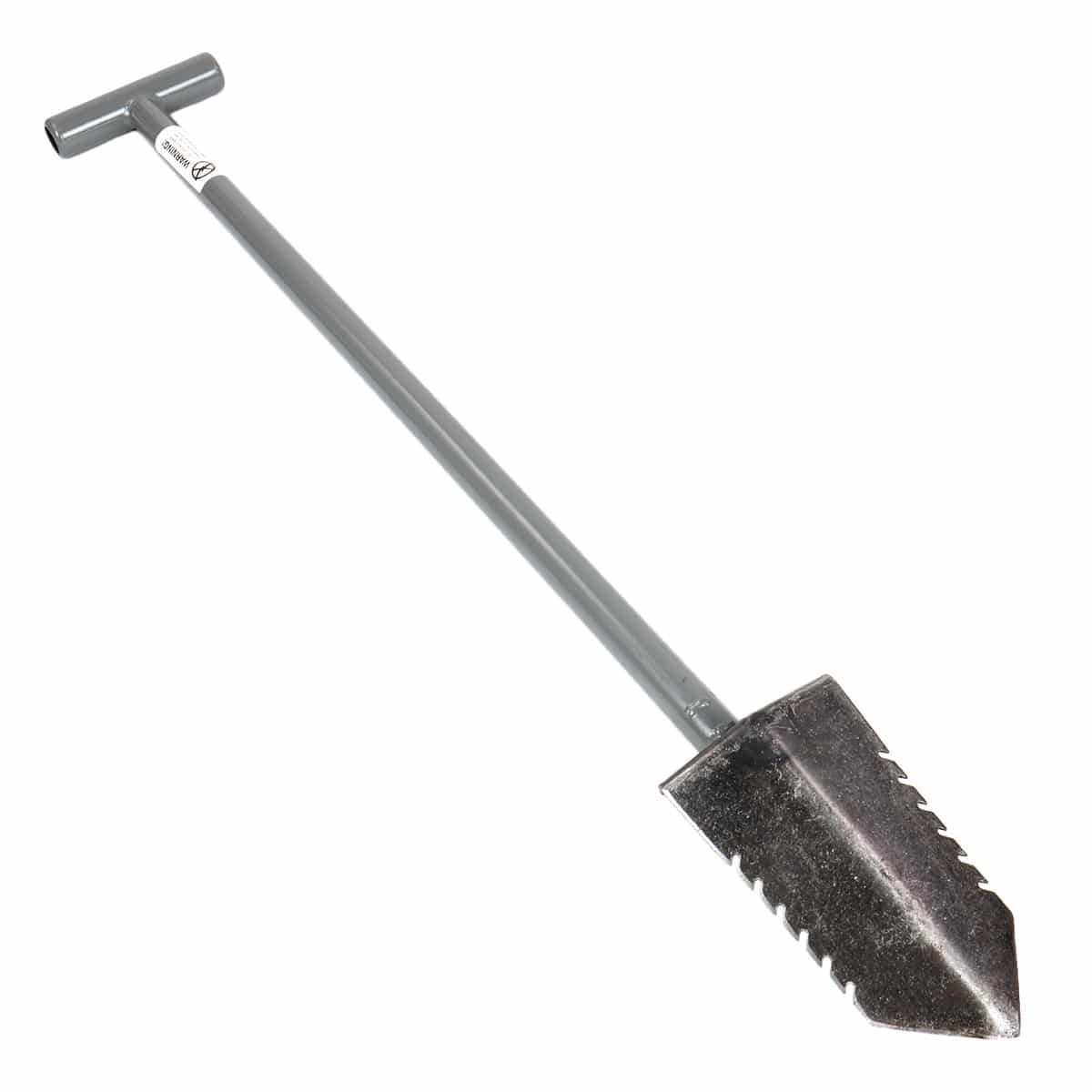 Underside view of the Lesche T-handle 36-inch metal detector shovel with double serrated blade.