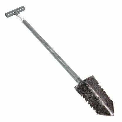 Underside view of the Lesche T-handle 36-inch metal detector shovel with double serrated blade.