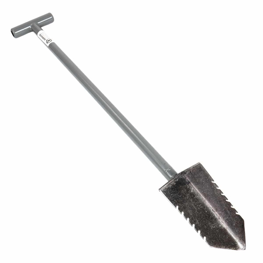 Underside view of the Lesche T-handle 36-inch metal detector shovel with double serrated blade.