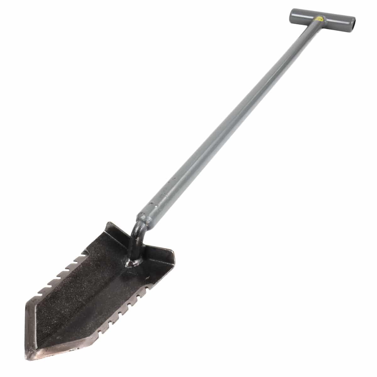 Alternate side view of the Lesche T-handle 36-inch metal detector shovel with double serrated blade.