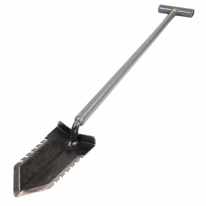 Alternate side view of the Lesche T-handle 36-inch metal detector shovel with double serrated blade.