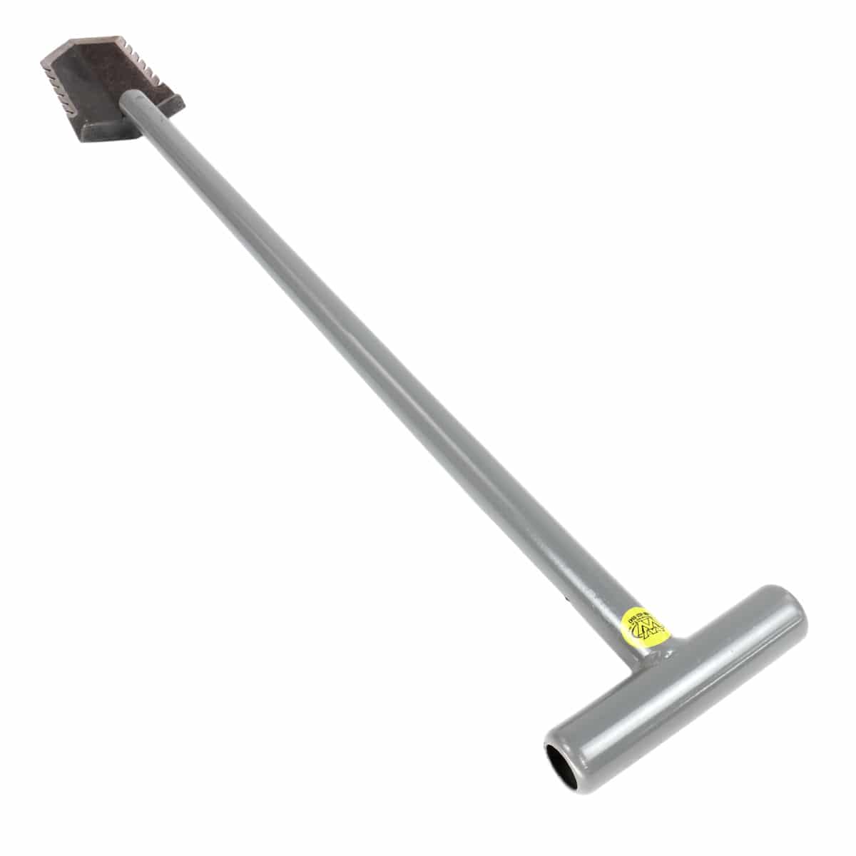 Top angle view of the Lesche T-handle 36-inch metal detector shovel with double serrated blade.