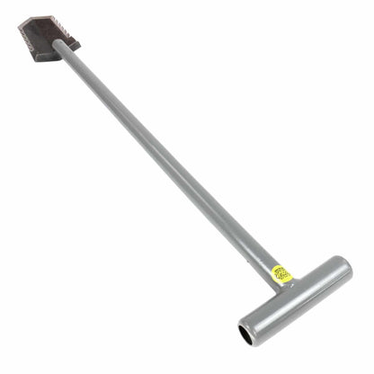 Top angle view of the Lesche T-handle 36-inch metal detector shovel with double serrated blade.