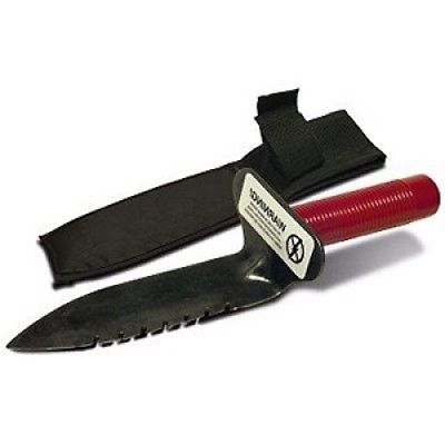 Lesche left serrated digging tool with red grip handle beside its black belt sheath