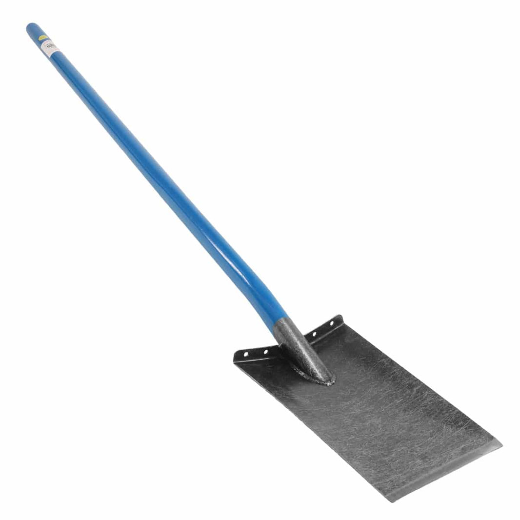 Lesche King of Spades shovel angled view showing 13-inch steel blade and long blue handle