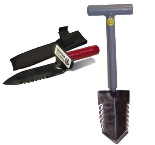 Lesche Sampson 18-inch T-handle shovel with double serrated blade and included left-serrated digging tool