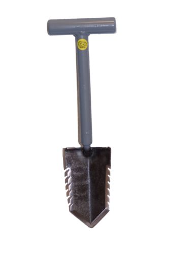 Lesche Sampson 18 inch T-handle shovel standing upright with double serrated blade
